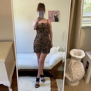 BLACK BROWN LEOPARD PRINT DRESS ADJUSTABLE STRAPS LINED RUCHED TIE BUST TEXTURED